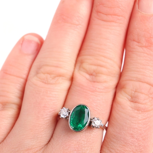 1292 - An 18ct white gold three stone green synthetic spinel soude-type doublet and diamond ring, rub-over ... 