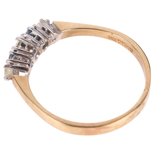 1297 - A 9ct gold five stone sapphire and diamond ring, set with round-cut sapphires and modern round brill... 