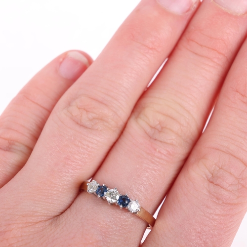 1297 - A 9ct gold five stone sapphire and diamond ring, set with round-cut sapphires and modern round brill... 