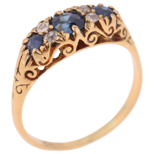 1300 - An Antique 18ct gold seven stone sapphire and diamond half hoop ring, indistinct maker, Birmingham 1... 