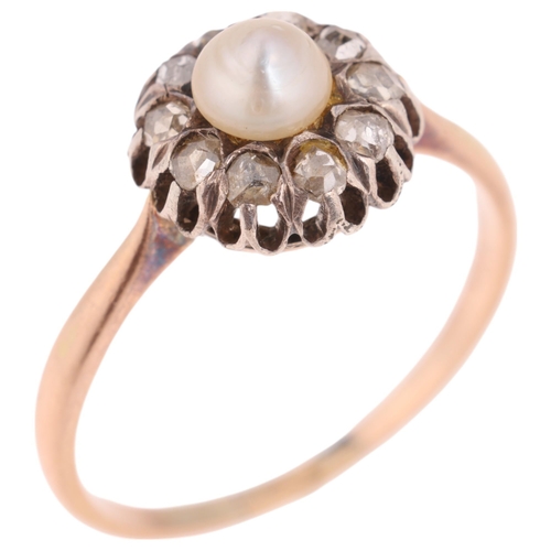 1301 - An Antique 9ct rose gold whole pearl and diamond cluster ring, set with 5mm pearl surrounded by rose... 