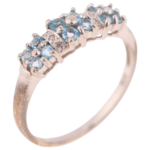 1307 - A 9ct white gold blue topaz and diamond dress ring, set with round-cut topaz and single-cut diamonds... 