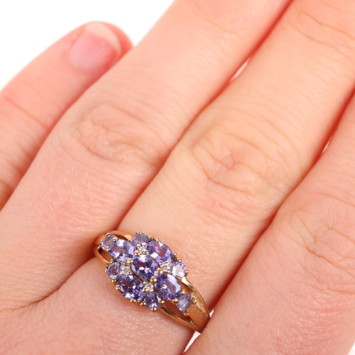 1308 - A 9ct gold tanzanite and diamond dress ring, setting height 9.1mm, size N, 2.3g