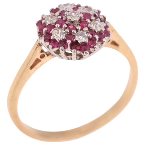 1309 - A 9ct gold ruby and cubic zirconia flowerhead cluster ring, unmarked mount tests as 9ct, setting hei... 