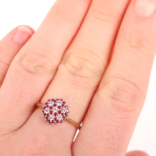 1309 - A 9ct gold ruby and cubic zirconia flowerhead cluster ring, unmarked mount tests as 9ct, setting hei... 