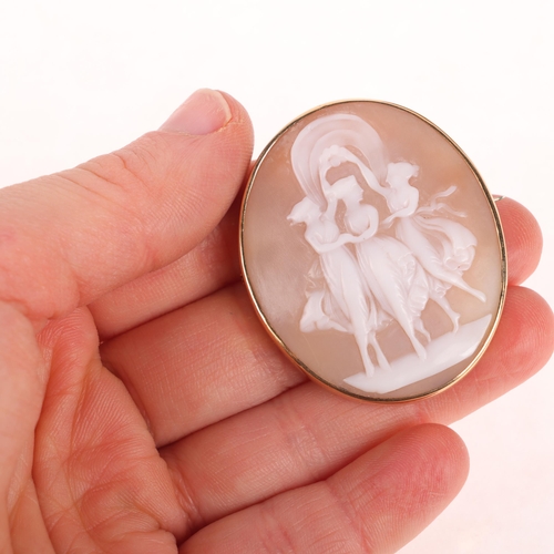 1321 - A Vintage 9ct gold shell cameo brooch, relief carved depicting The Three Graces, 44.5mm, 14.1g