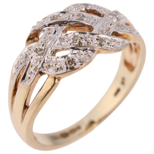 1331 - A 9ct gold diamond knot ring, setting height 9mm, size M, 2.6g