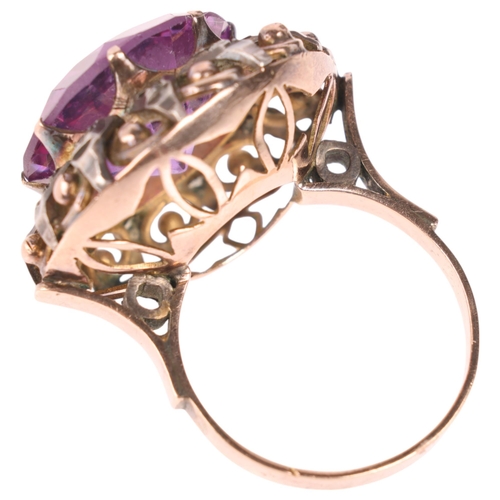 1336 - A Middle Eastern 9ct rose gold colour change synthetic sapphire and diamond dress ring, unmarked mou... 