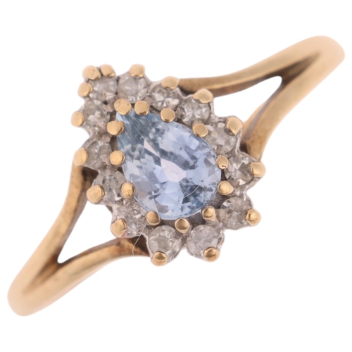 1338 - A 9ct gold sapphire and diamond pear cluster ring, set with pear-cut sapphire and single-cut diamond... 