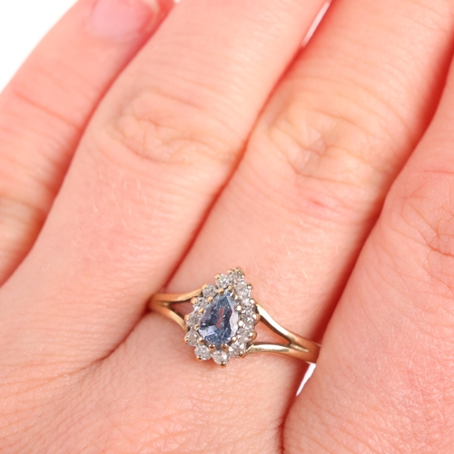 1338 - A 9ct gold sapphire and diamond pear cluster ring, set with pear-cut sapphire and single-cut diamond... 