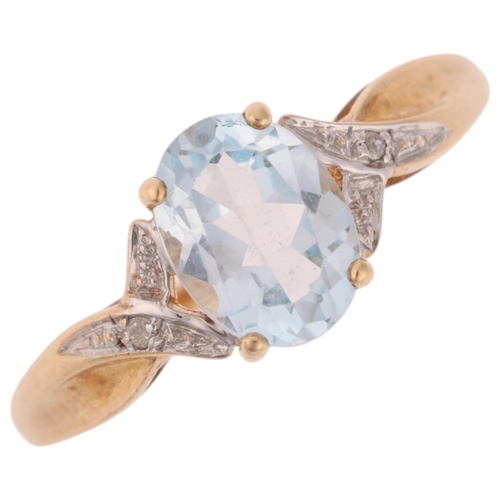 1339 - A 9ct gold blue topaz and diamond dress ring, claw set with oval mixed-cut topaz and single-cut diam... 