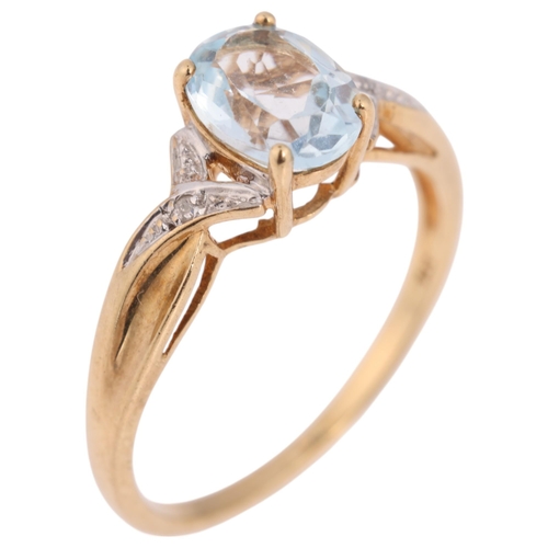 1339 - A 9ct gold blue topaz and diamond dress ring, claw set with oval mixed-cut topaz and single-cut diam... 