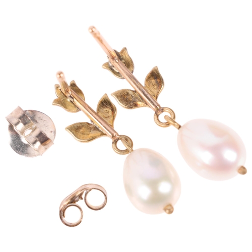 1341 - A pair of 9ct gold pearl drop stud earrings, unmarked mount tests as 9ct, 23.7mm, 2.1g