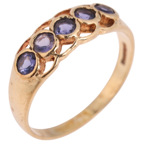 1344 - A 9ct gold five stone tanzanite half hoop ring, setting height 6.6mm, size N, 2.1g