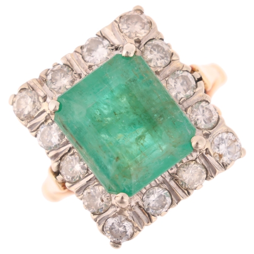 1351 - An 18ct gold emerald and diamond cluster ring, claw set with 4ct octagonal step-cut emerald surround... 