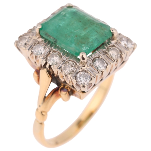 1351 - An 18ct gold emerald and diamond cluster ring, claw set with 4ct octagonal step-cut emerald surround... 