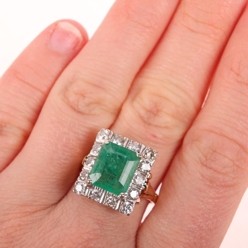 1351 - An 18ct gold emerald and diamond cluster ring, claw set with 4ct octagonal step-cut emerald surround... 