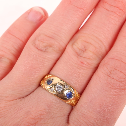 1352 - An Antique 18ct gold sapphire and diamond gypsy ring, Chester 1907, set with round-cut sapphires and... 