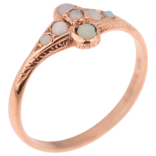 1359 - A 9ct rose gold opal dress ring, maker SJ Ltd, Sheffield 1991, in the Edwardian style, setting heigh... 