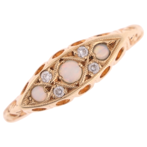 1360 - A 9ct gold opal and cubic zirconia half hoop ring, Birmingham 1986, in the Edwardian style, setting ... 