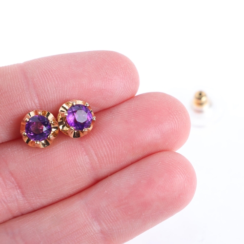 1362 - A pair of 9ct gold amethyst stud earrings, maker AC Co, London 1977, 8.3mm, 2.5g