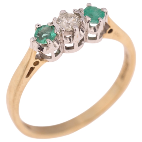 1365 - A 9ct gold three stone emerald and diamond ring, setting height 4.2mm, size M, 1.7g