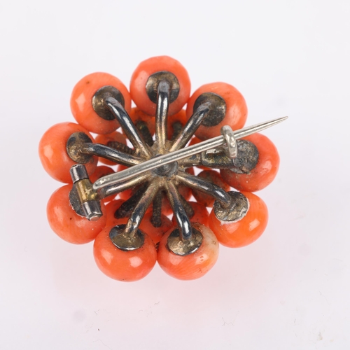 1449 - An Antique button coral flowerhead cluster brooch, unmarked, 27.4mm, 7.9g