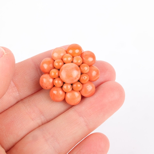 1449 - An Antique button coral flowerhead cluster brooch, unmarked, 27.4mm, 7.9g