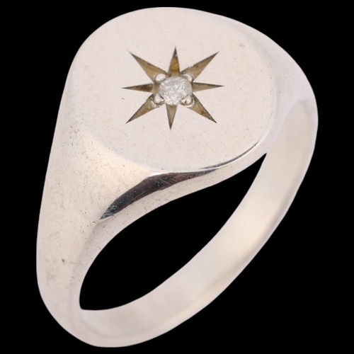 1453 - A Britannia Standard silver diamond signet ring, setting height 12.4mm, size N, 4.6g