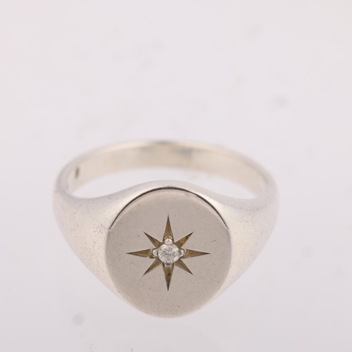 1453 - A Britannia Standard silver diamond signet ring, setting height 12.4mm, size N, 4.6g