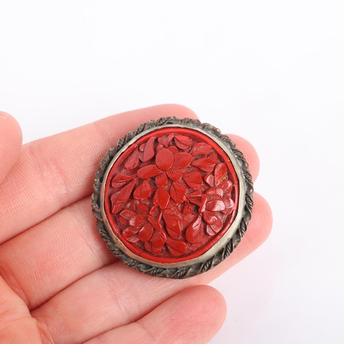 1457 - A Chinese silver cinnabar clip brooch, 36.5mm, 12.6g