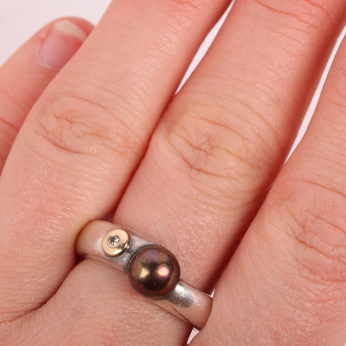 1484 - NIELS ERIK FROM - a Danish modernist sterling silver black cultured pearl and diamond ring, set with... 