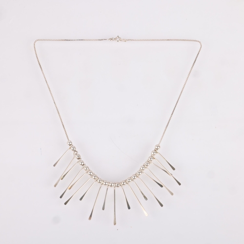 1508 - A modernist sterling silver fringe necklace, with paddle and bead drops, 38cm, 9.3g