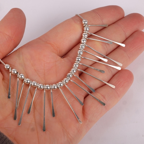 1508 - A modernist sterling silver fringe necklace, with paddle and bead drops, 38cm, 9.3g