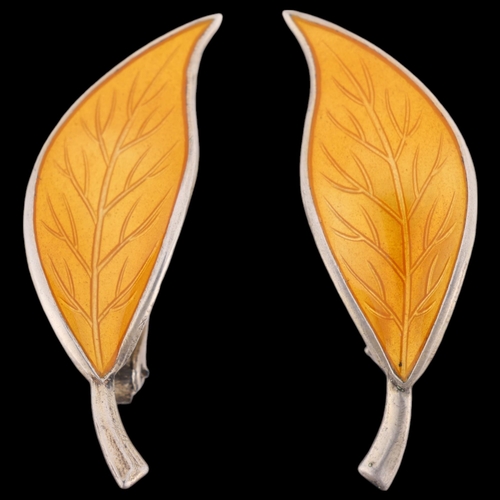 1514 - A pair of Norwegian modernist sterling silver yellow enamel leaf clip-on earrings, stamped with make... 