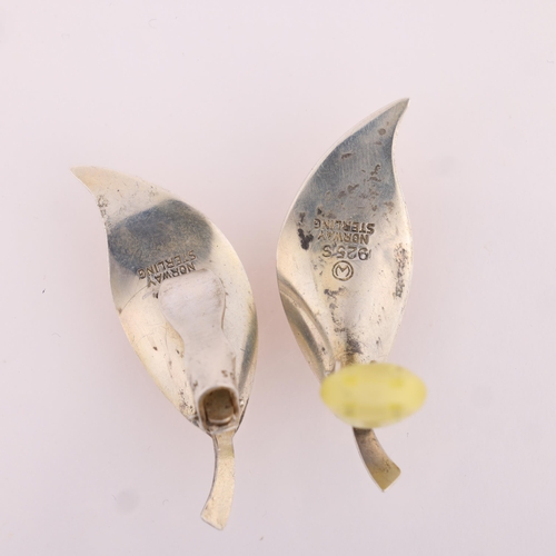 1514 - A pair of Norwegian modernist sterling silver yellow enamel leaf clip-on earrings, stamped with make... 