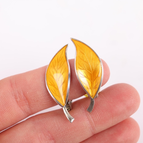 1514 - A pair of Norwegian modernist sterling silver yellow enamel leaf clip-on earrings, stamped with make... 