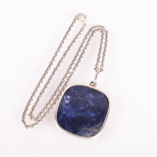 1520 - ERIK DENNUNG - a Danish modernist silver plated sodalite tablet pendant necklace, pendant 55.6mm, ch... 