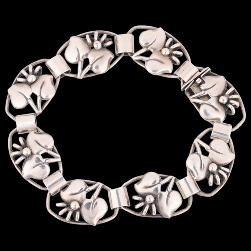 1523 - C A CHRISTENSENS EFTF - an Art Deco Danish silver floral panel bracelet, band width 14.9mm, 19.5cm, ... 