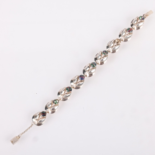 1528 - HERMANN SIERSBOL - a Danish modernist sterling silver parti-colour crystal panel bracelet, 20cm, 15.... 