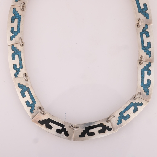 1529 - A Vintage Mexican sterling silver enamel collar necklace, band width 7.9mm, 36cm