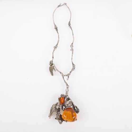 1531 - A Polish silver Baltic amber brutalist pendant necklace, maker BF, pendant 66.4mm, necklace 40cm, 77... 