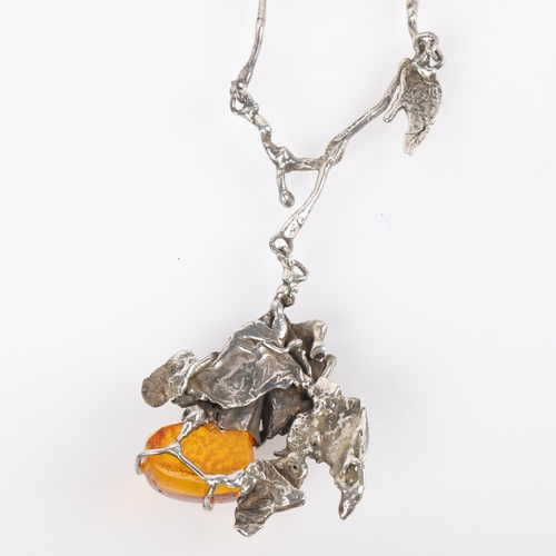 1531 - A Polish silver Baltic amber brutalist pendant necklace, maker BF, pendant 66.4mm, necklace 40cm, 77... 