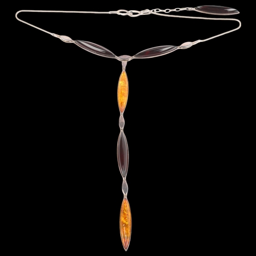 1533 - VALERIO - an American sterling silver amber pendant necklace, pendant 16cm, necklace 40cm, 36.3g