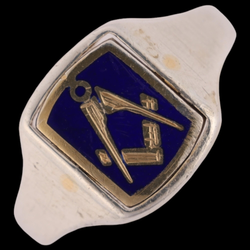 1535 - A silver-gilt enamel Masonic signet ring, maker JHW, Birmingham 1989, setting height 7.4mm, size V, ... 