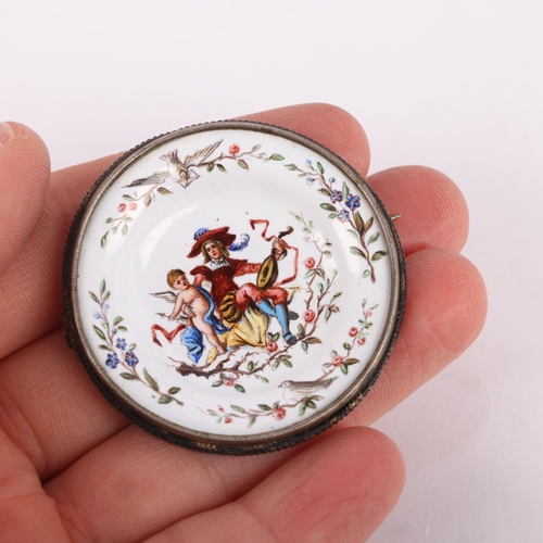 1537 - A Continental miniature silver-gilt faience porcelain plate brooch, maker LP, hand painted decoratio... 