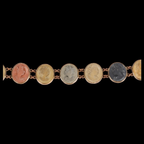 1538 - A Victorian Grand Tour brass lava cameo panel bracelet, relief carved depicting Classical female por... 