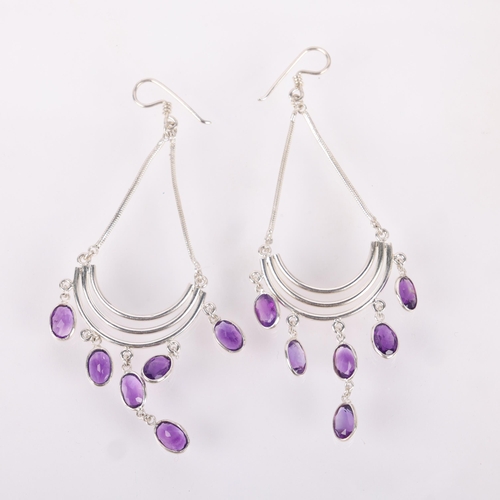 1544 - A pair of sterling silver amethyst dream catcher drop earrings, with shepherd hook fittings, 68.5mm,... 