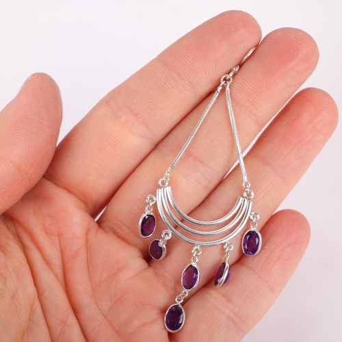 1544 - A pair of sterling silver amethyst dream catcher drop earrings, with shepherd hook fittings, 68.5mm,... 