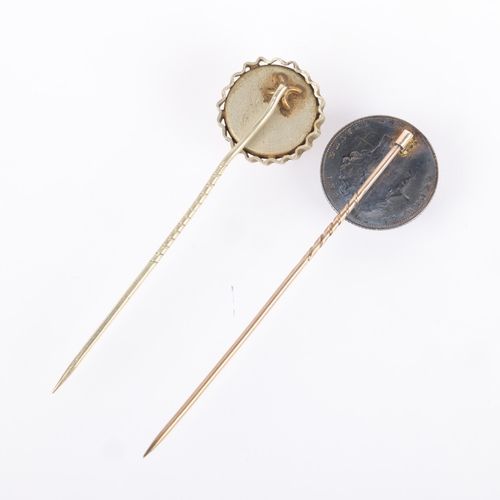 1548 - 2 Vintage stickpins, including Essex Crystal style example, and enamel coin, 13.8mm, 7.5g total (2)